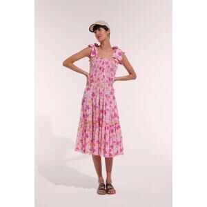 Poupette St Barth Triny Pink Petunia Floral Smocked Tie Strap Whimsy Midi Dress